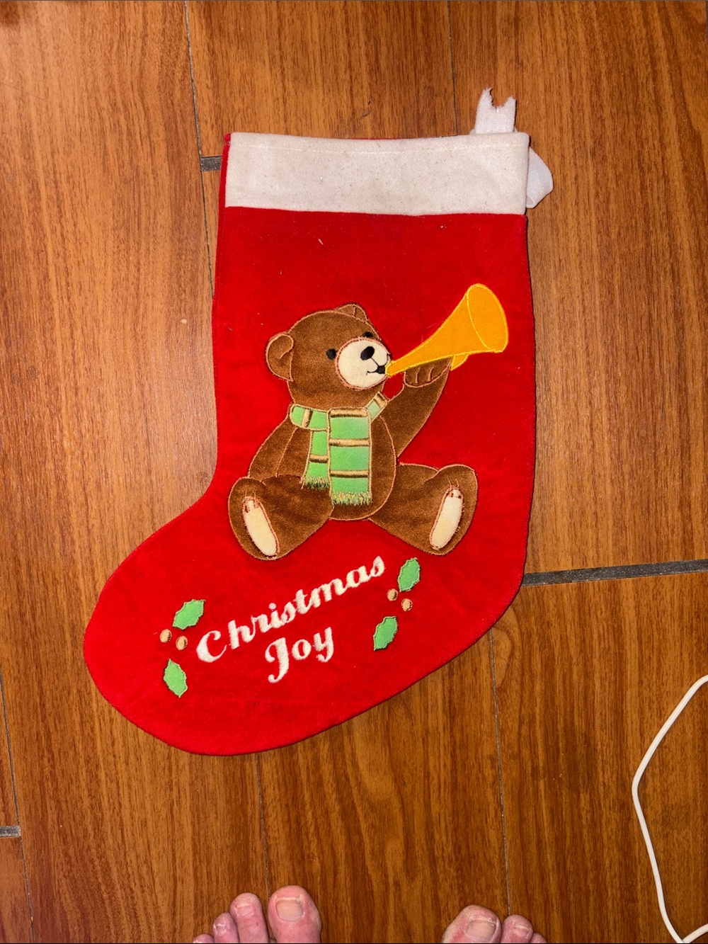 Red Christmas Stocking with Teddy Bear and 'Christmas Joy'. Vintage 80s